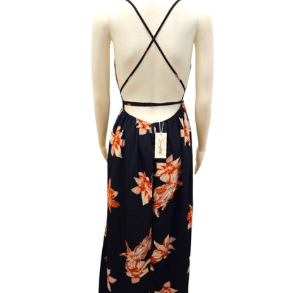 Simplee Navy Blue & Orange Floral Halter Maxi Dress – Size Large (NWT)
