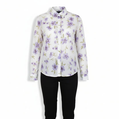 Vintage 90s Semi Sheer Floral Blouse Mint Green Lilac Pastel Small