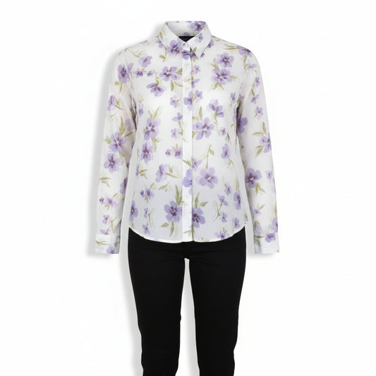 Vintage 90s Semi Sheer Floral Blouse Mint Green Lilac Pastel Small