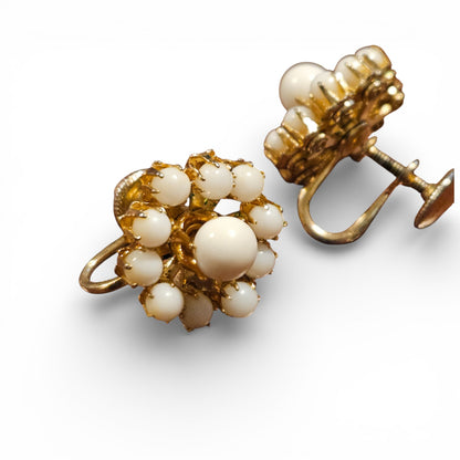 Vintage 1950s White Milk Glass Screwback Earrings Floral Snowball Cluster