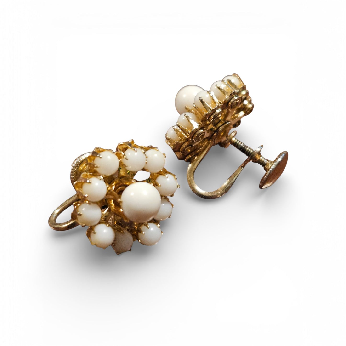 Vintage 1950s White Milk Glass Screwback Earrings Floral Snowball Cluster