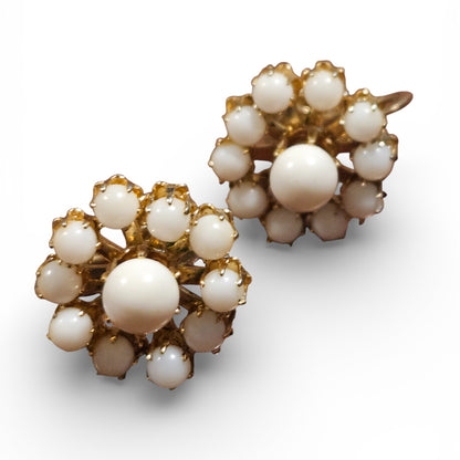 Vintage 1950s White Milk Glass Screwback Earrings Floral Snowball Cluster