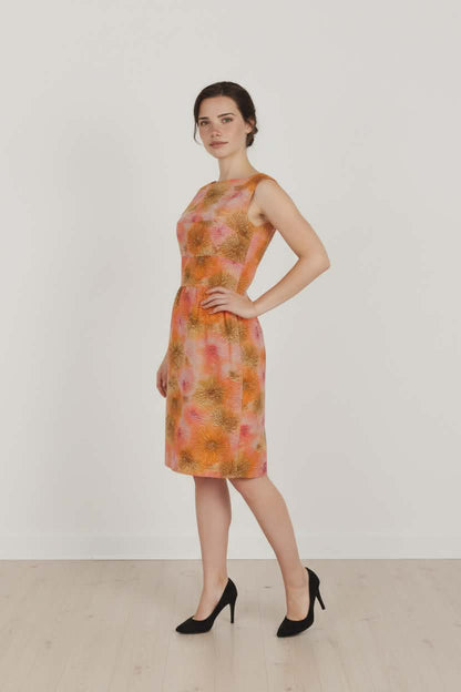 Vintage 1960s Pink Orange Floral Sleeveless Sheath Dress