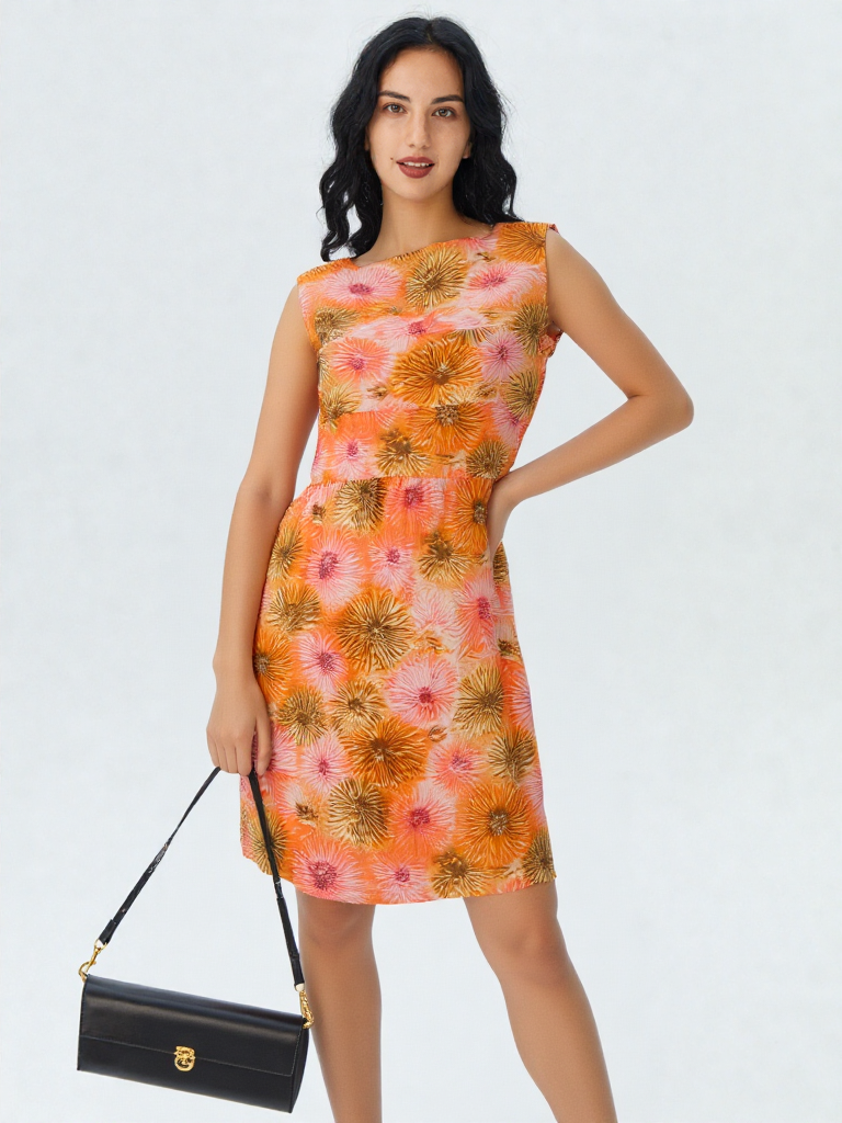 Vintage 1960s Pink Orange Floral Sleeveless Sheath Dress