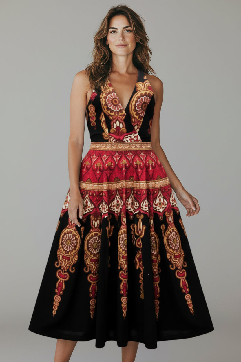 Sue Wong Vintage Halter Dress – Red Gold Ornamental Print, Boho Glam Y2K Cocktail Dress