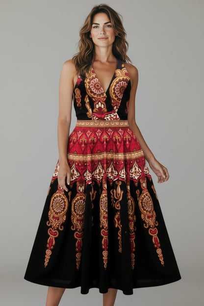 Sue Wong Vintage Halter Dress – Red Gold Ornamental Print, Boho Glam Y2K Cocktail Dress