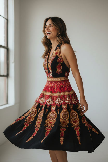 Sue Wong Vintage Halter Dress – Red Gold Ornamental Print, Boho Glam Y2K Cocktail Dress