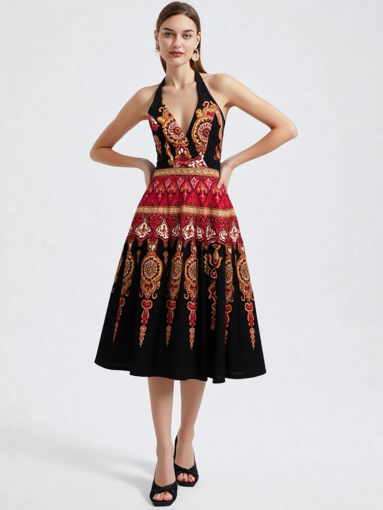 Sue Wong Vintage Halter Dress – Red Gold Ornamental Print, Boho Glam Y2K Cocktail Dress