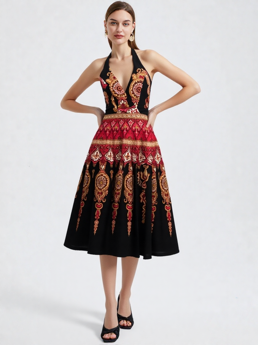 Sue Wong Vintage Halter Dress – Red Gold Ornamental Print, Boho Glam Y2K Cocktail Dress