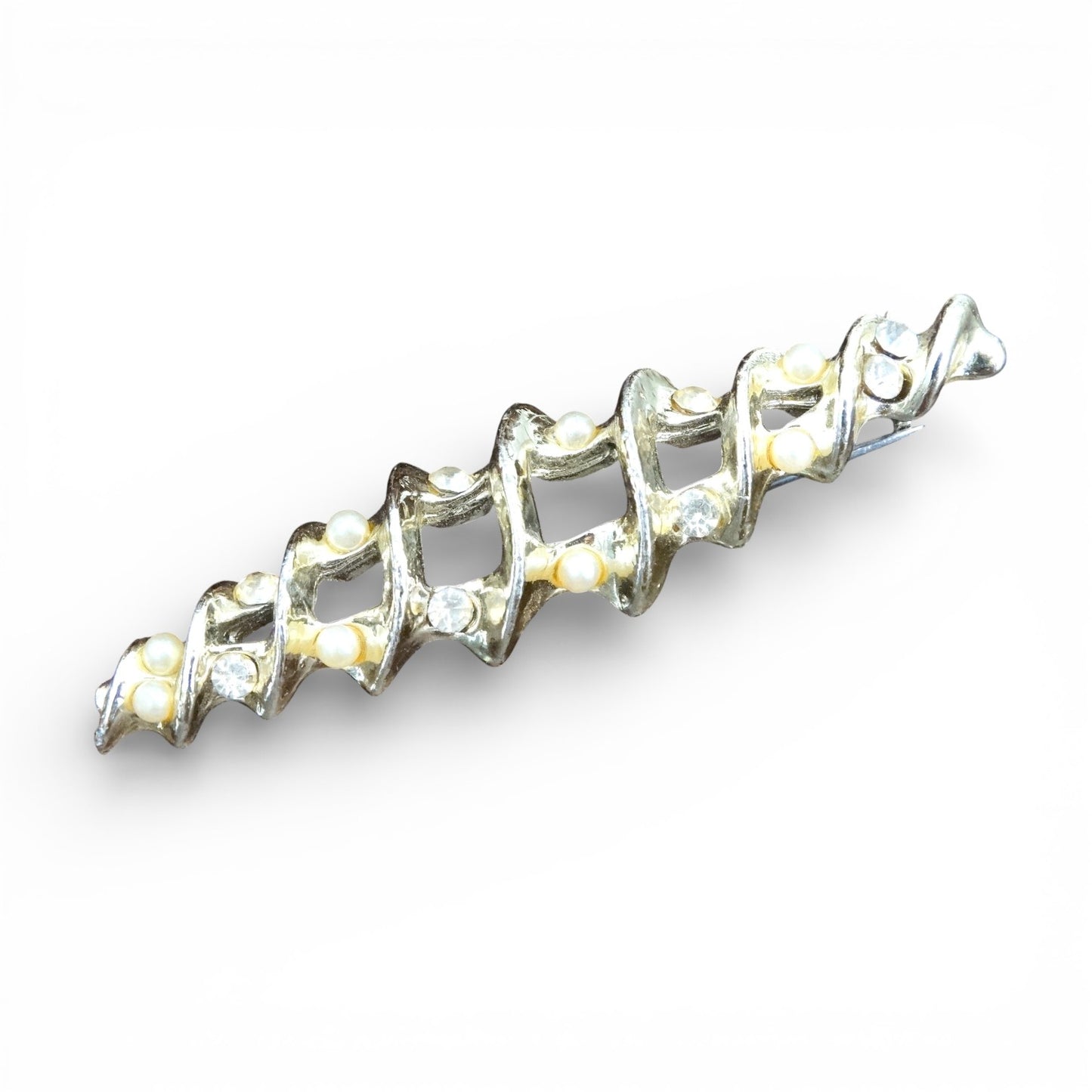 Vintage 60s Gold-Tone Bar Brooch Faux Pearls & Rhinestones