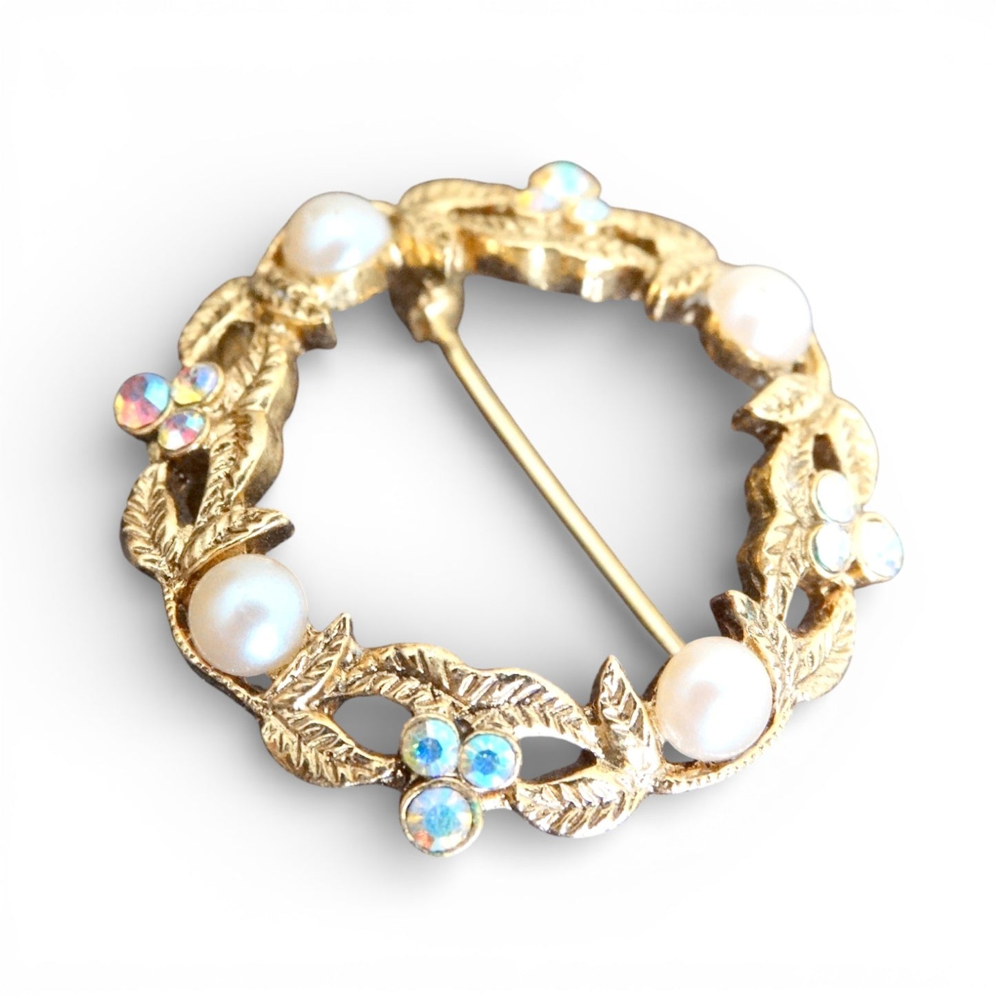 Vintage Mid Century Gold-Tone Wreath Brooch with Faux Pearls & Aurora Borealis Rhinestones
