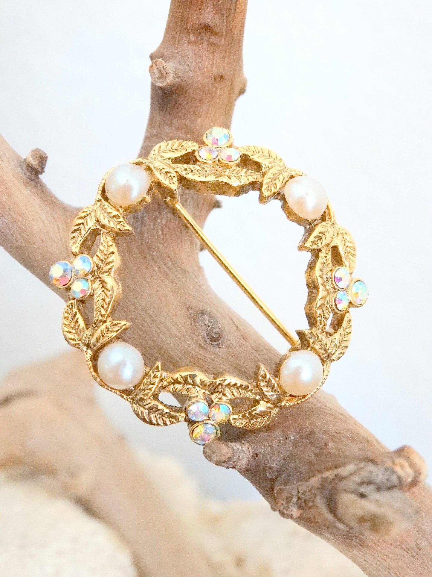 Vintage Mid Century Gold-Tone Wreath Brooch with Faux Pearls & Aurora Borealis Rhinestones