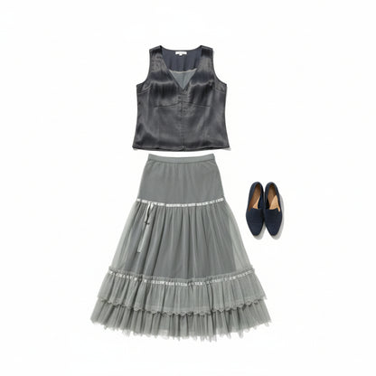 Vintage 80s Boho Tiered Lace Skirt with Silky Blouse Tank Style Top - Medium