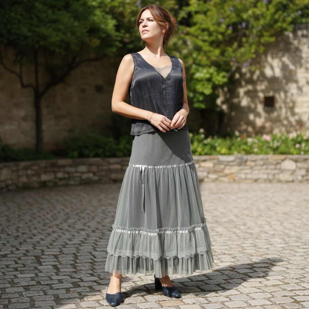 Vintage 80s Boho Tiered Lace Skirt with Silky Blouse Tank Style Top - Medium