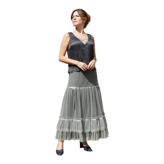 Vintage 80s Boho Tiered Lace Skirt with Silky Blouse Tank Style Top - Medium