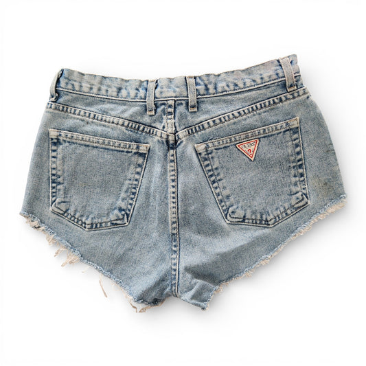 Vintage GUESS Jeans Original Fit Cutoff Denim Shorts Light Wash USA Made Logo Patch Size 31