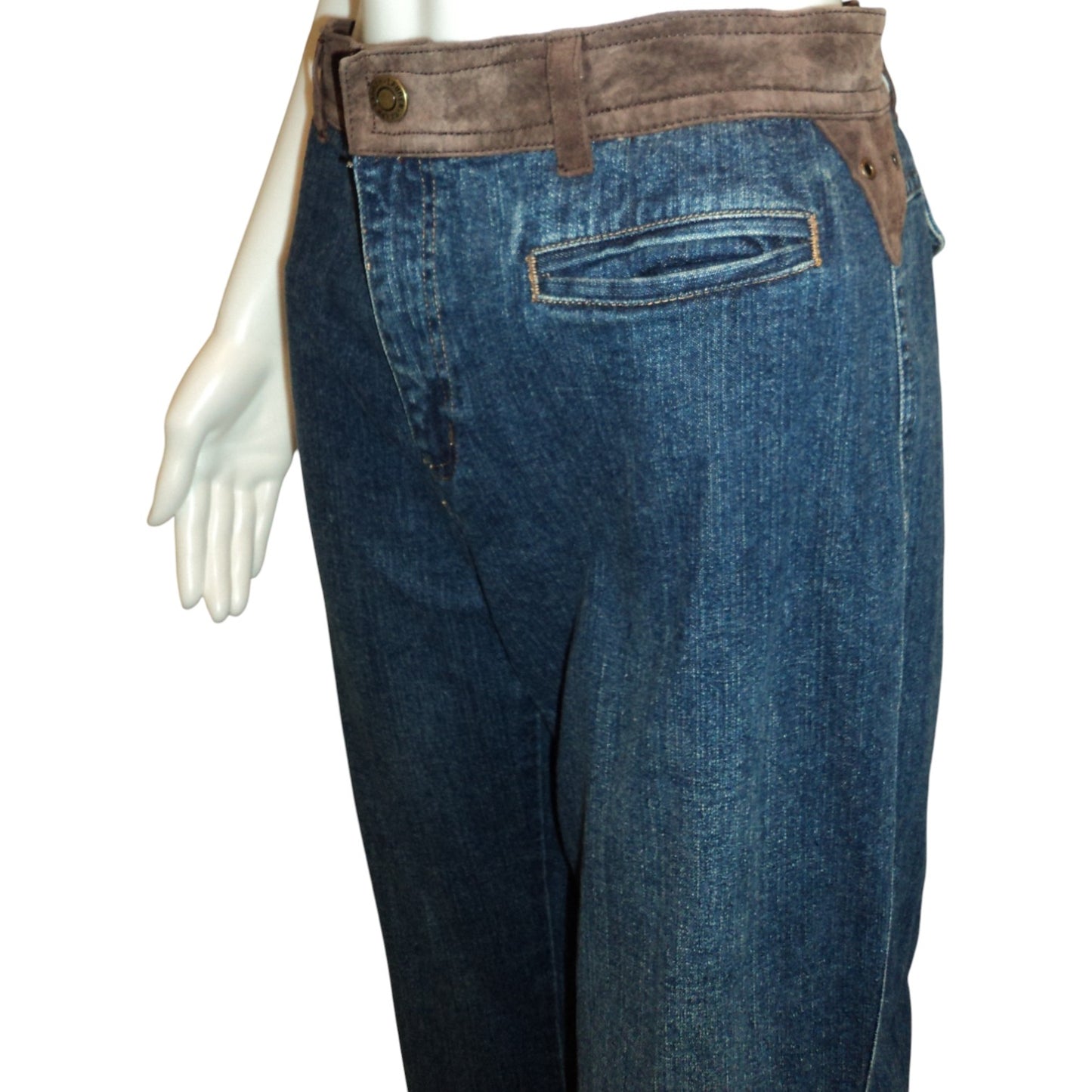 Vintage Ralph Lauren Suede Trim Bootcut Jeans | Blue Denim | Size 10