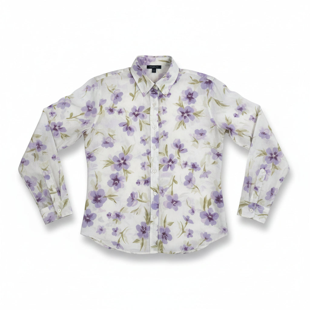 Vintage 90s Semi Sheer Floral Blouse Mint Green Lilac Pastel Small