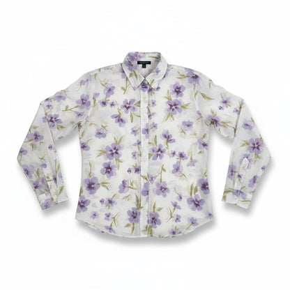 Vintage 90s Semi Sheer Floral Blouse Mint Green Lilac Pastel Small