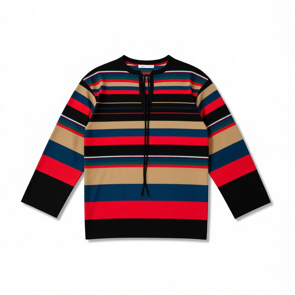 Vintage 70s Striped Bell Sleeve Top - Red, Blue, Black, Tan - Size S/M