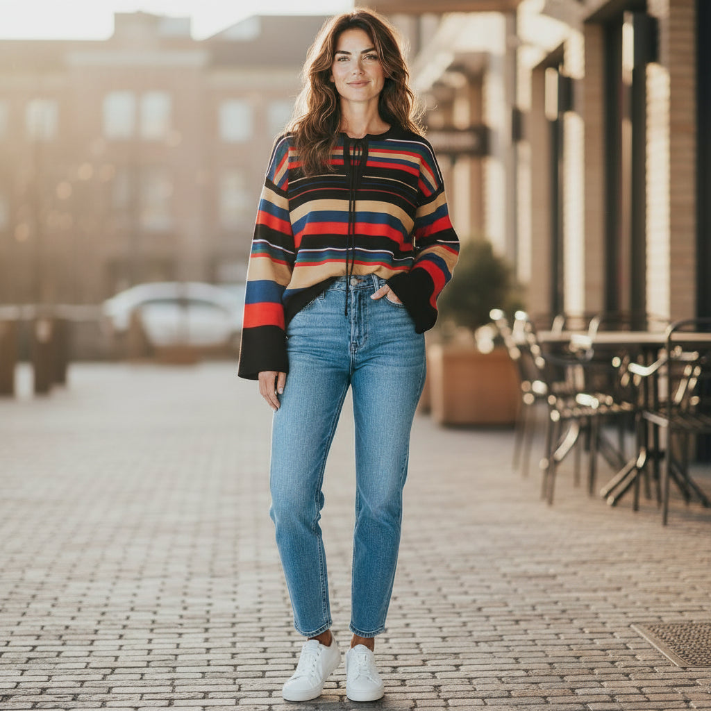 Vintage 70s Striped Bell Sleeve Top - Red, Blue, Black, Tan - Size S/M