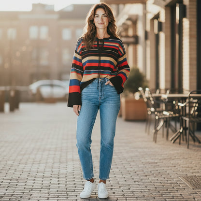 Vintage 70s Striped Bell Sleeve Top - Red, Blue, Black, Tan - Size S/M