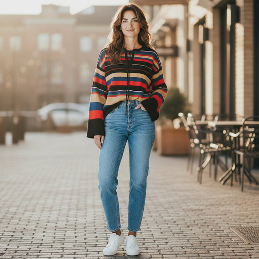 Vintage 70s Striped Bell Sleeve Top - Red, Blue, Black, Tan - Size S/M