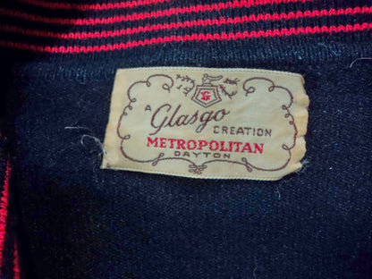 Vintage Glasgow Creation Navy Knit Sweater with Red Stripe Collar | 1960s–70s Collegiate Pullover