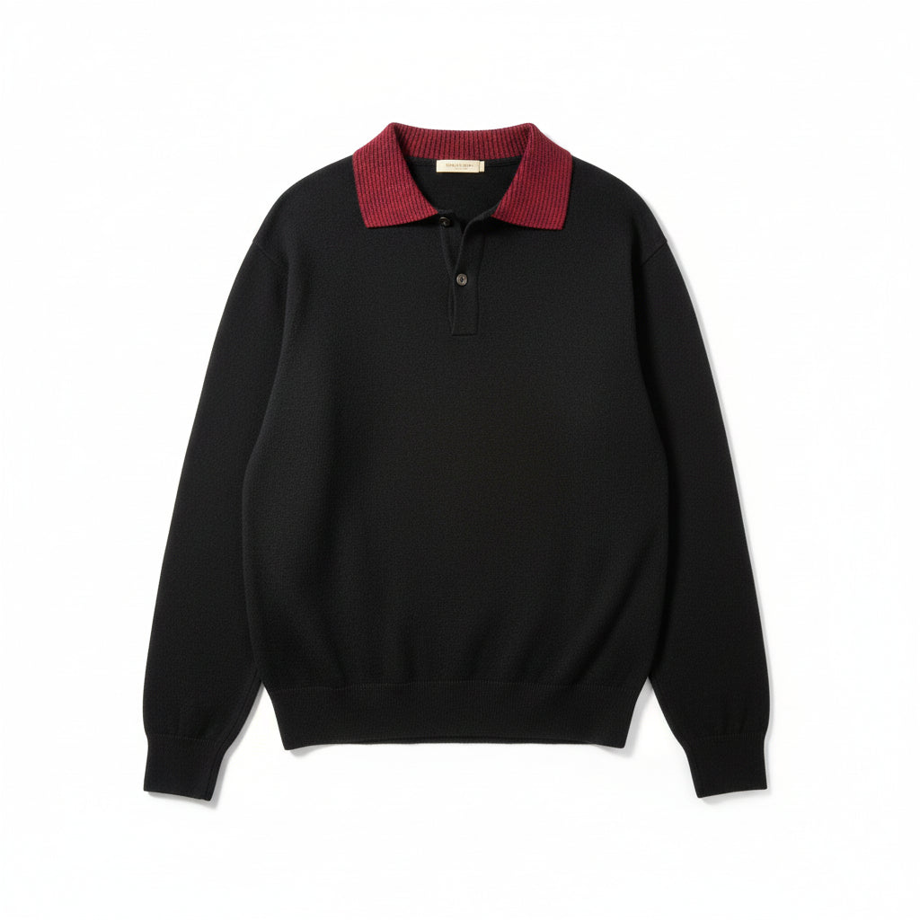 Vintage Glasgow Creation Navy Knit Sweater with Red Stripe Collar | 1960s–70s Collegiate Pullover