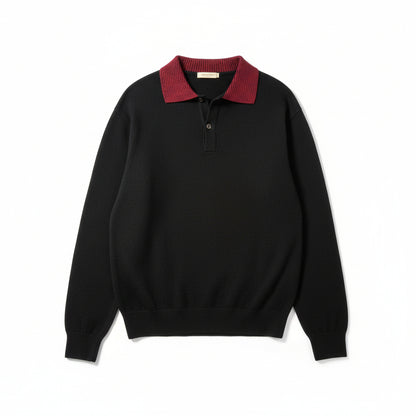 Vintage Glasgow Creation Navy Knit Sweater with Red Stripe Collar | 1960s–70s Collegiate Pullover