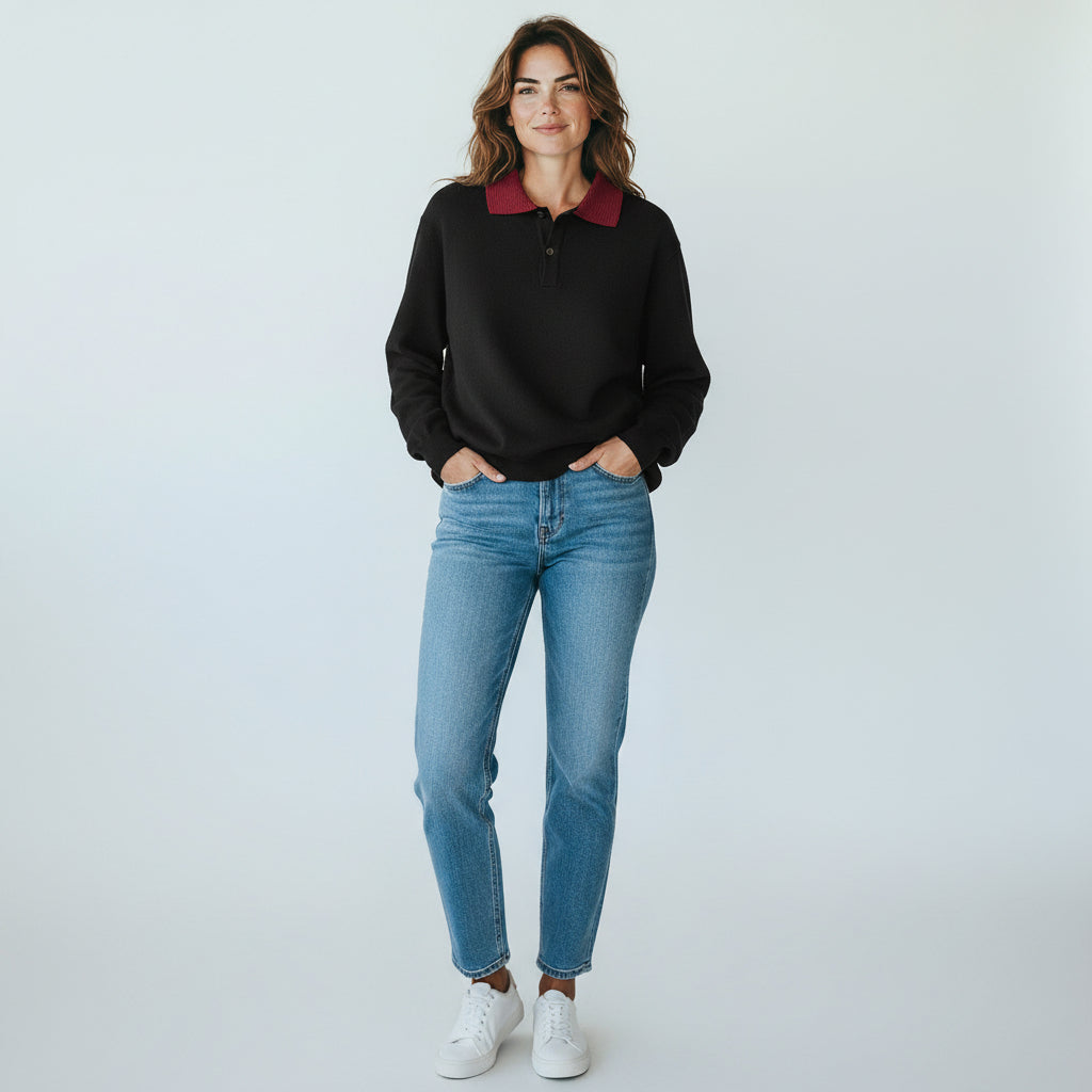 Vintage Glasgow Creation Navy Knit Sweater with Red Stripe Collar | 1960s–70s Collegiate Pullover