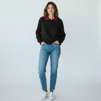 Vintage Glasgow Creation Navy Knit Sweater with Red Stripe Collar | 1960s–70s Collegiate Pullover