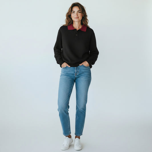 Vintage Glasgow Creation Navy Knit Sweater with Red Stripe Collar | 1960s–70s Collegiate Pullover