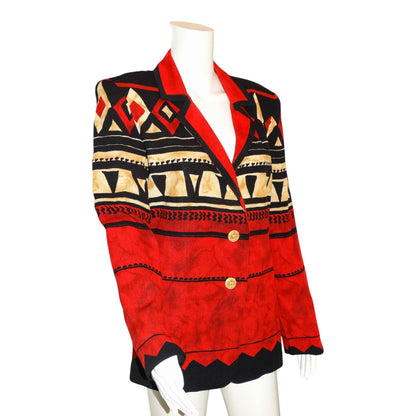 Vintage 80s 90s Nancy Bolen Southwestern Aztec Boyfriend Jacket – Red Black Geometric Blazer