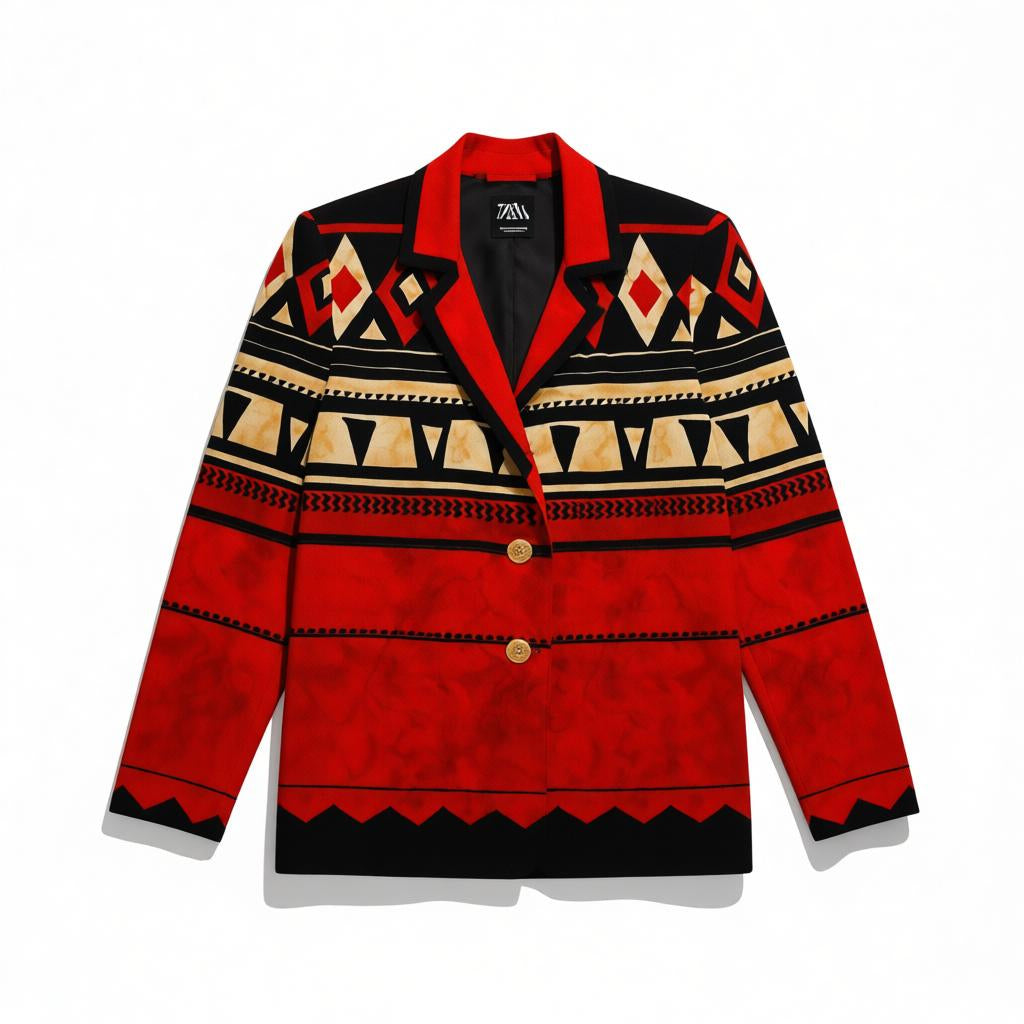 Vintage 80s 90s Nancy Bolen Southwestern Aztec Boyfriend Jacket – Red Black Geometric Blazer