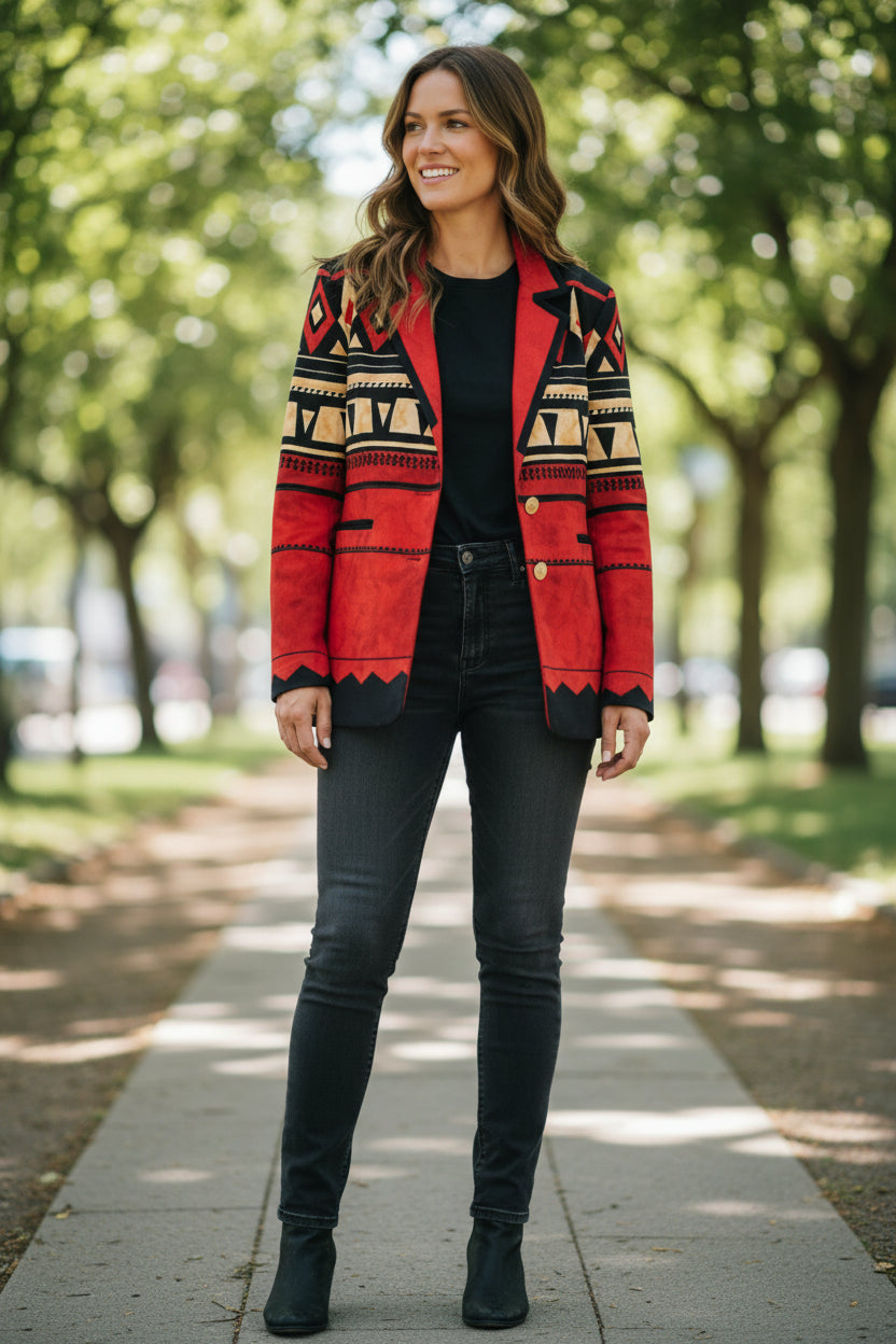Vintage 80s 90s Nancy Bolen Southwestern Aztec Boyfriend Jacket – Red Black Geometric Blazer