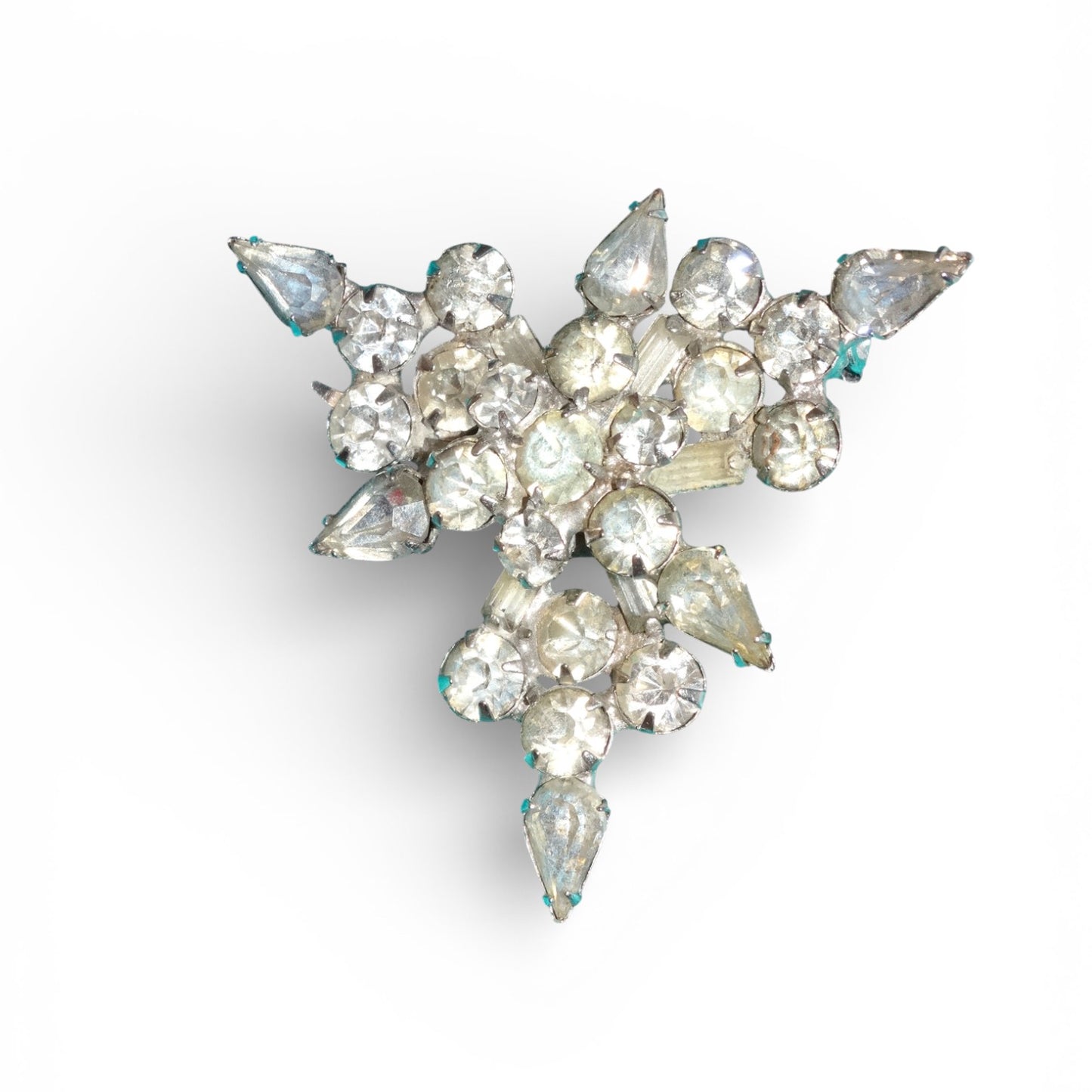 Vintage 1950s Rhinestone Snowflake Brooch Rotating Center Mid Century Silver