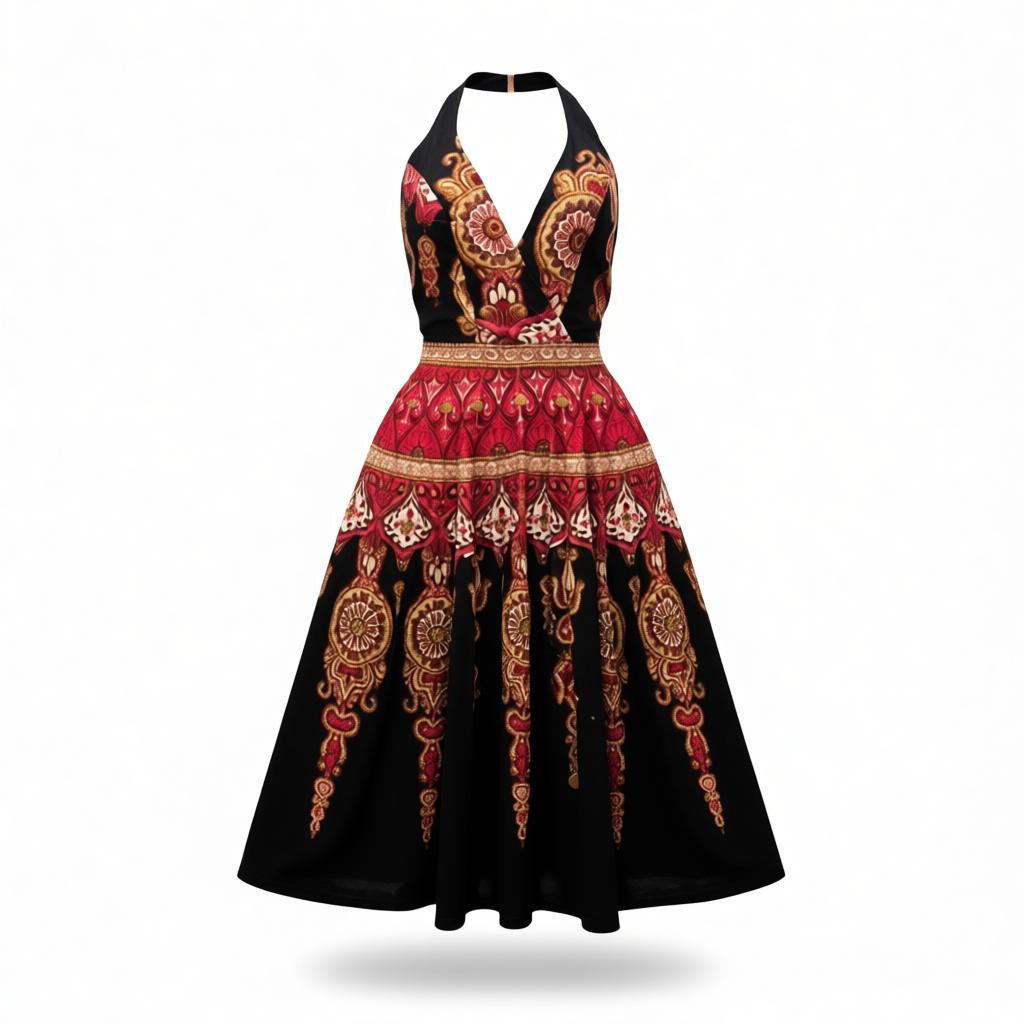 Sue Wong Vintage Halter Dress – Red Gold Ornamental Print, Boho Glam Y2K Cocktail Dress