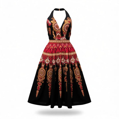 Sue Wong Vintage Halter Dress – Red Gold Ornamental Print, Boho Glam Y2K Cocktail Dress