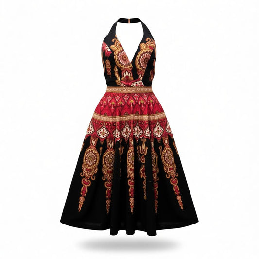 Sue Wong Vintage Halter Dress – Red Gold Ornamental Print, Boho Glam Y2K Cocktail Dress