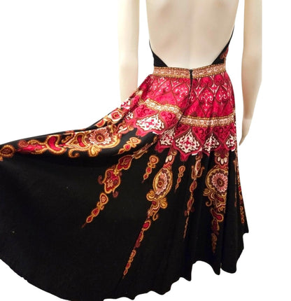 Sue Wong Vintage Halter Dress – Red Gold Ornamental Print, Boho Glam Y2K Cocktail Dress