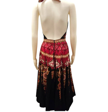 Sue Wong Vintage Halter Dress – Red Gold Ornamental Print, Boho Glam Y2K Cocktail Dress