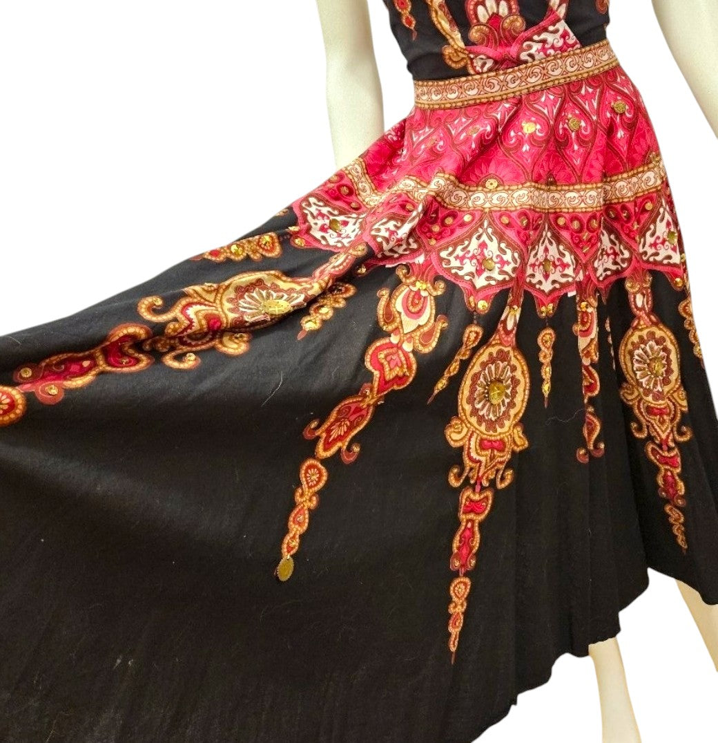 Sue Wong Vintage Halter Dress – Red Gold Ornamental Print, Boho Glam Y2K Cocktail Dress