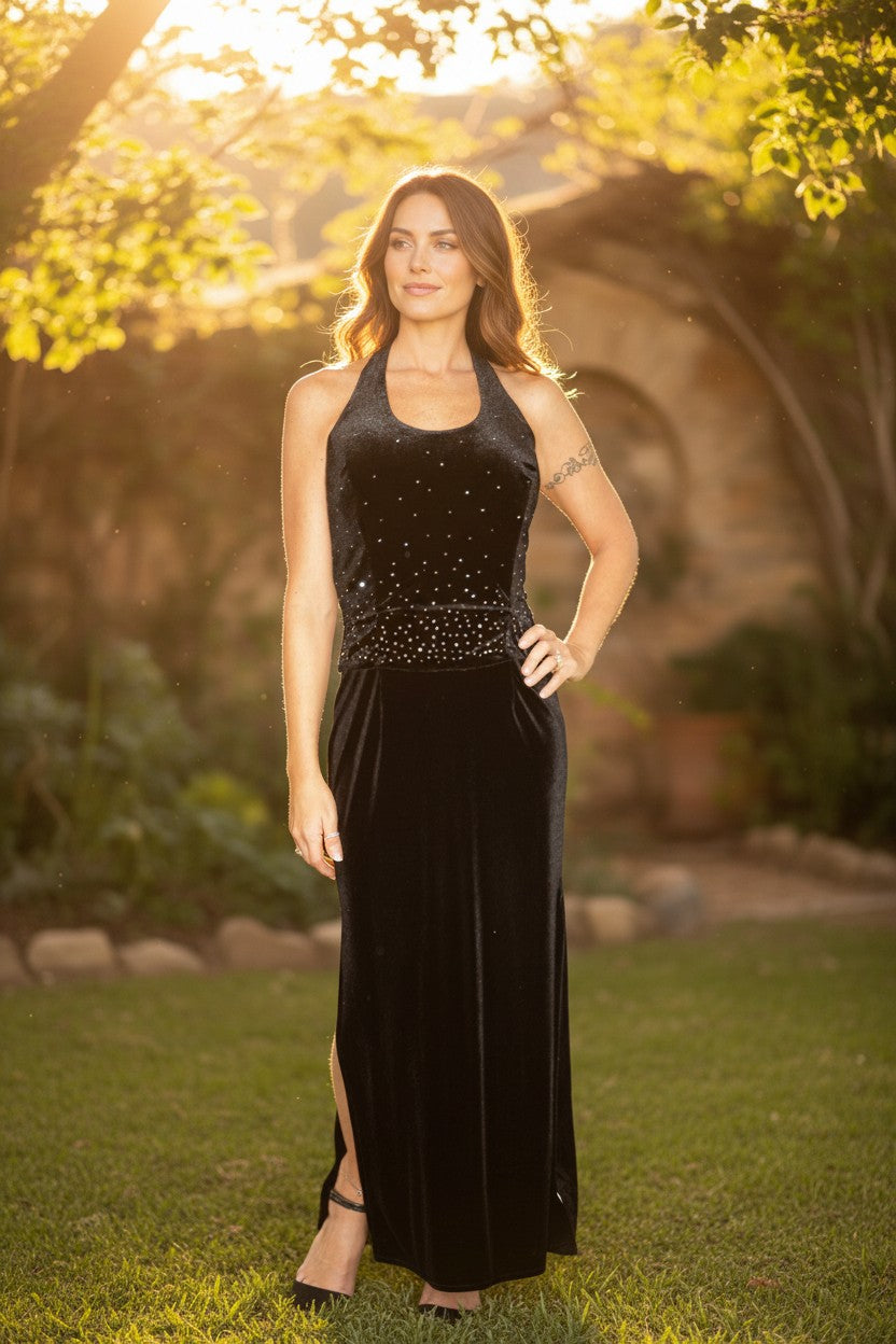 Vintage Scott McClintock Black Velvet Halter Gown Rhinestone Glam Backless – Size