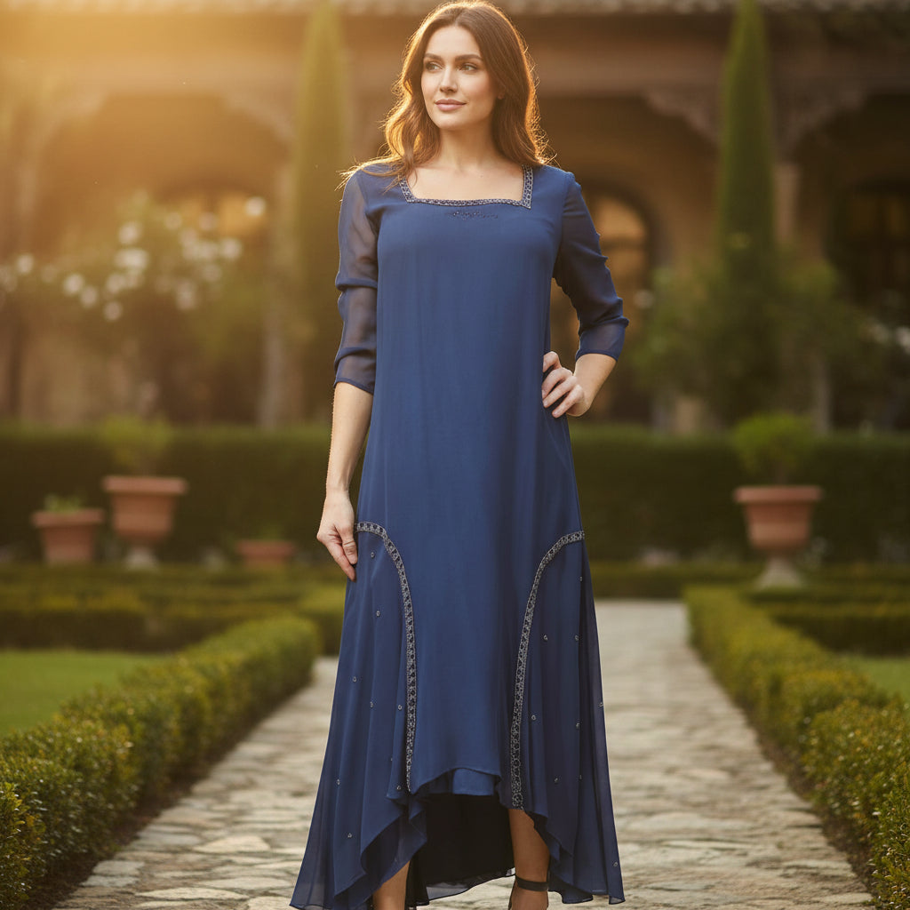 Vintage Wednesday’s Child Blue Grey Silk Beaded Hi-Low Dress– Size M