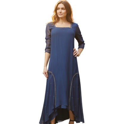 Vintage Wednesday’s Child Blue Grey Silk Beaded Hi-Low Dress– Size M