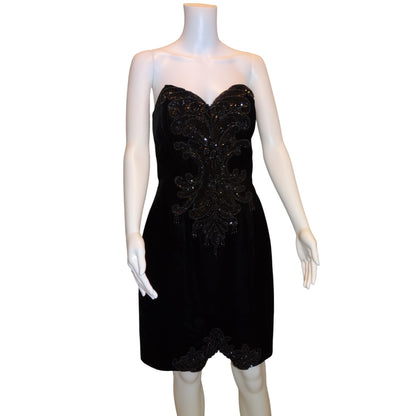 Vintage 1980s Black Velvet Strapless Cocktail Dress Rhinestone Detail – Made in USA – Fits 4–6