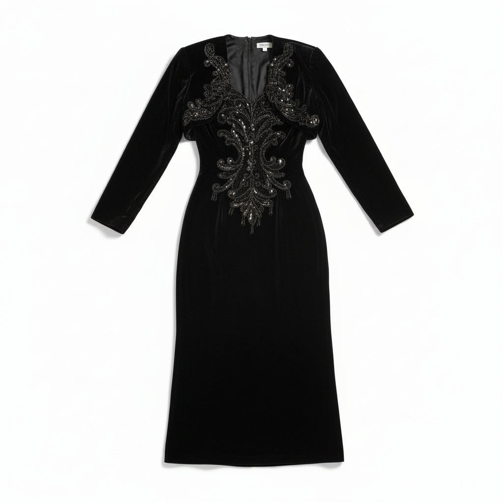 Vintage 1980s Black Velvet Strapless Cocktail Dress Rhinestone Detail – Made in USA – Fits 4–6