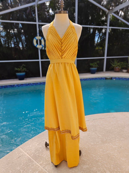 Vintage 1960s Gold Silk Halter Maxi Dress - Pleated Sequin Gala Gown