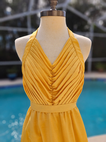 Vintage 1960s Gold Silk Halter Maxi Dress - Pleated Sequin Gala Gown